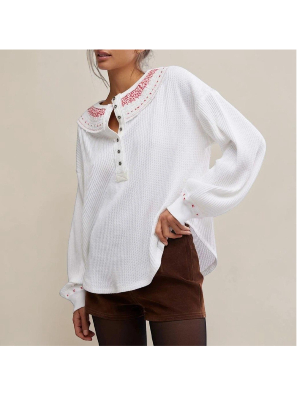 Free People Thermal Embroidered Oversized Holly Henley Top Sz XS